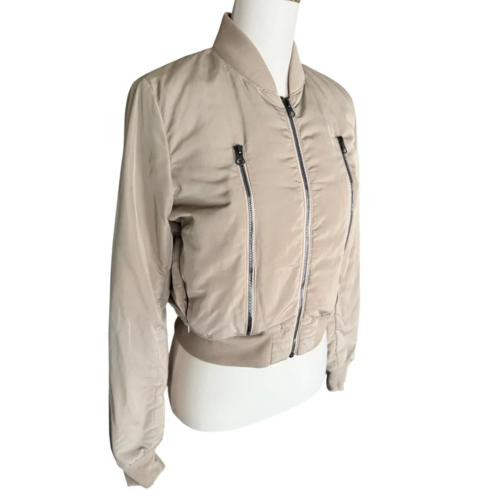 ALO Yoga Off Duty Bomber Jacket Small Gravel Taupe Down Puffer Cropped Womens